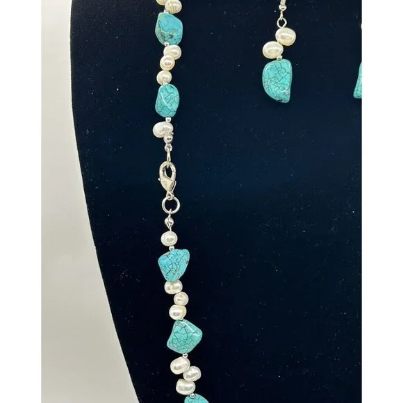Fresh Water Pearl & Turquoise Colored Gemstone Necklace Bracelet Earring Set - Picture 6 of 6